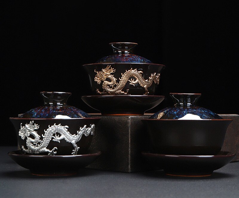 Dragon Silver Inlaid Tea Tureen Hand Made Household Tea Drinkware Bowl  Kiln Change With Gold Dragon Gaiwan acacuss