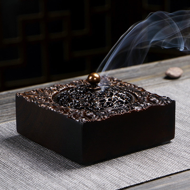 Ebony Incense Burner Home Indoor Coil Incense Burner Retro Zen Backflow Incense Burner Pure Copper Lid Wooden Incense Burner acacuss