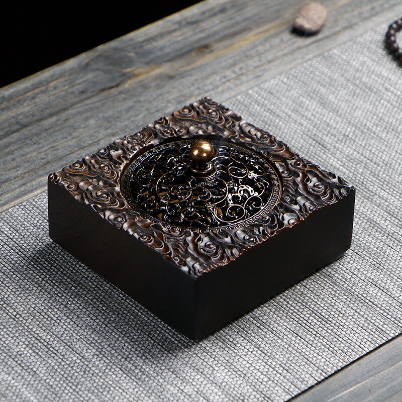 Ebony Incense Burner Home Indoor Coil Incense Burner Retro Zen Backflow Incense Burner Pure Copper Lid Wooden Incense Burner acacuss
