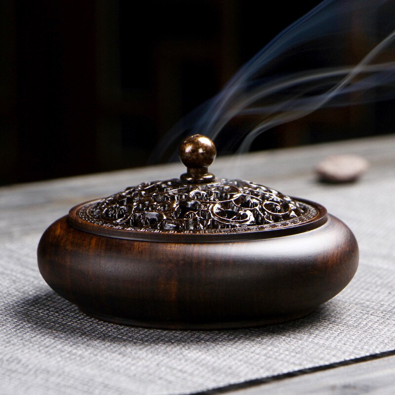 Ebony Incense Burner Home Indoor Coil Incense Burner Retro Zen Backflow Incense Burner Pure Copper Lid Wooden Incense Burner acacuss