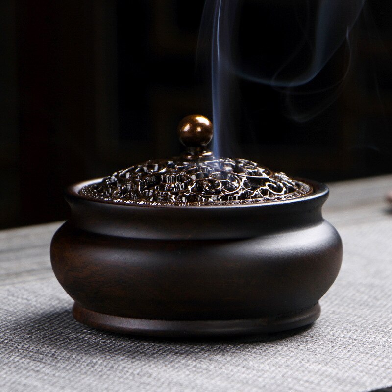 Ebony Incense Burner Home Indoor Coil Incense Burner Retro Zen Backflow Incense Burner Pure Copper Lid Wooden Incense Burner acacuss