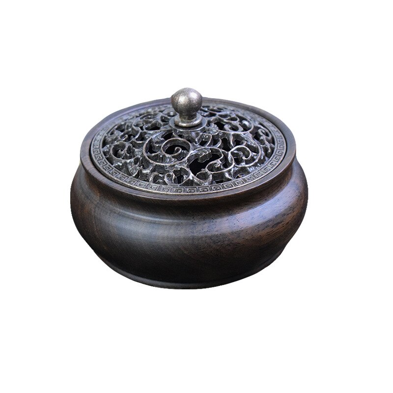Ebony Incense Burner Home Indoor Coil Incense Burner Retro Zen Backflow Incense Burner Pure Copper Lid Wooden Incense Burner acacuss
