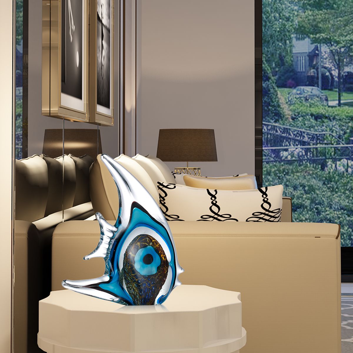 Exquisite Blue Stripe Tropical Fish Sculpture Hand-blown Glass Sculpture Home Decoration Glass Fish Home Interior Decor Craft acacuss