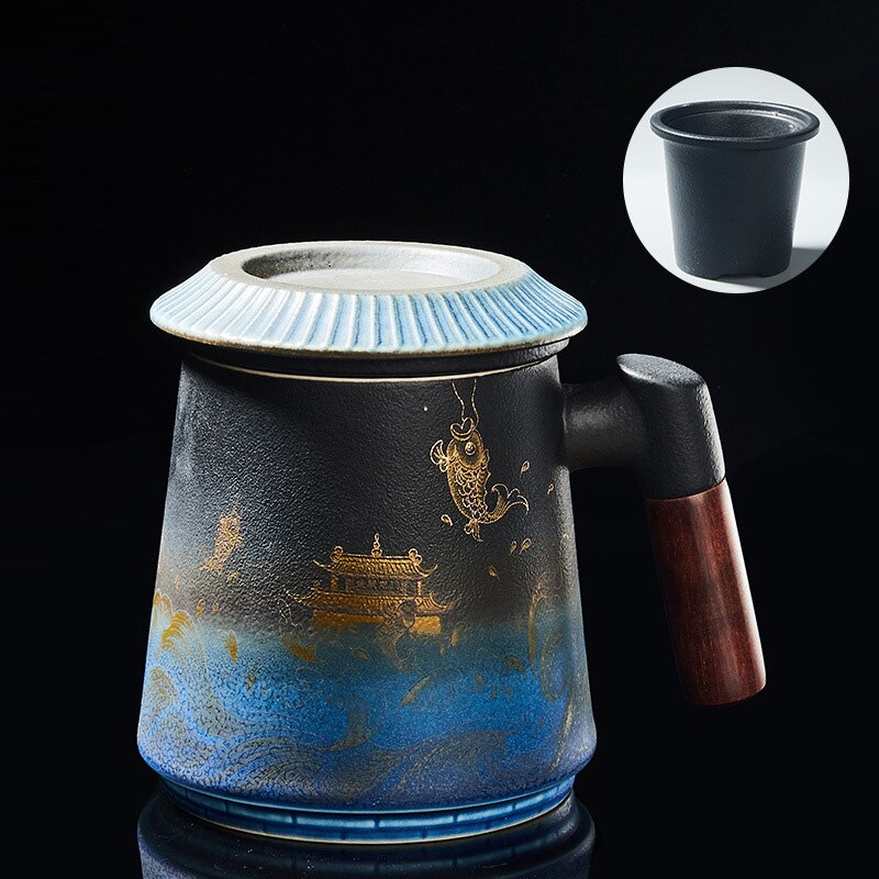 Fish Leaping Dragon Gate Mug Ceramic Tea Cup Personalized Filter Tea Cup with Lid Tea Separation Cup Flower Tea Cup Office Cup acacuss