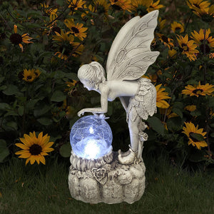 Flower Fairy Ornament, Garden Crystal Ball Solar Night Light, Angel Girl Statue, Resin Craft Outdoor Home Decoration Accessories acacuss