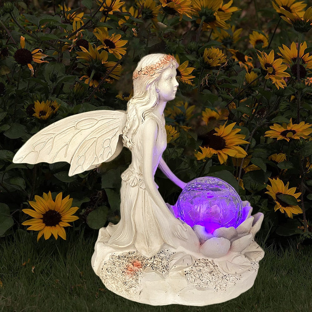 Flower Fairy Ornament, Garden Crystal Ball Solar Night Light, Angel Girl Statue, Resin Craft Outdoor Home Decoration Accessories acacuss