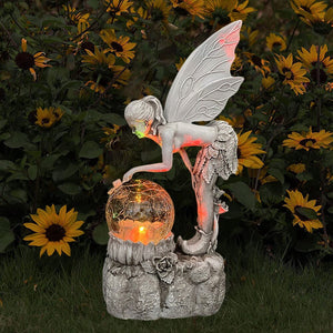 Flower Fairy Ornament, Garden Crystal Ball Solar Night Light, Angel Girl Statue, Resin Craft Outdoor Home Decoration Accessories acacuss