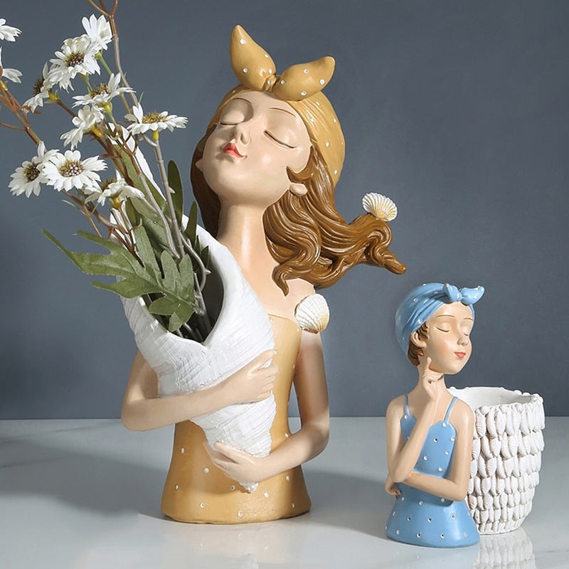 Flower Vase Statue Home Decor Sculpture Vase For Flowers Wedding Decoration Living Room Resin Tray Decors Table Desk Shell Girl acacuss