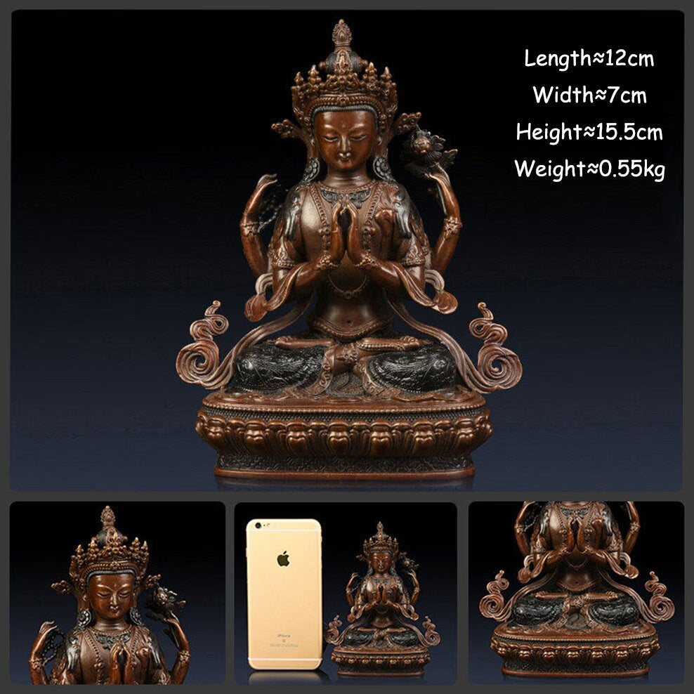 Four-Armed Guanyin Buddha Statue Brass Buddha Ornaments Tibetan Tantra Bodhisattva Statue Copper Religion Figurine Decoration acacuss