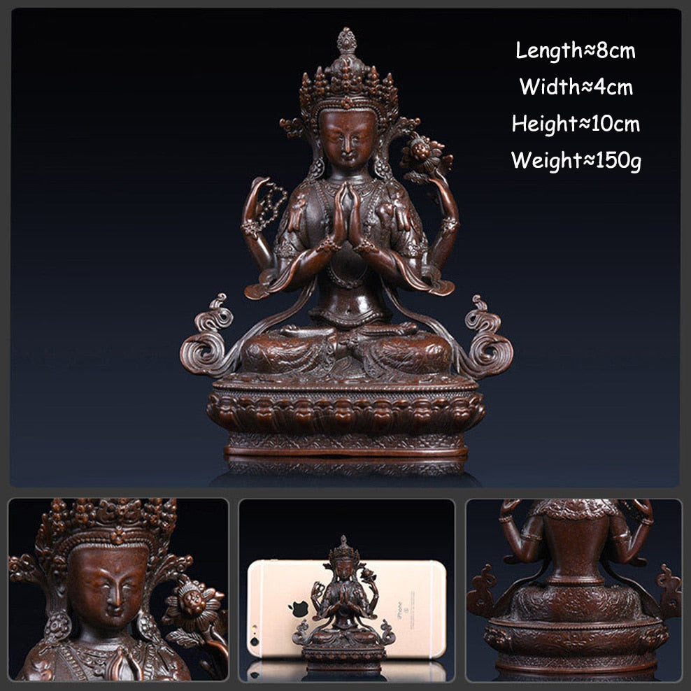 Four-Armed Guanyin Buddha Statue Brass Buddha Ornaments Tibetan Tantra Bodhisattva Statue Copper Religion Figurine Decoration acacuss