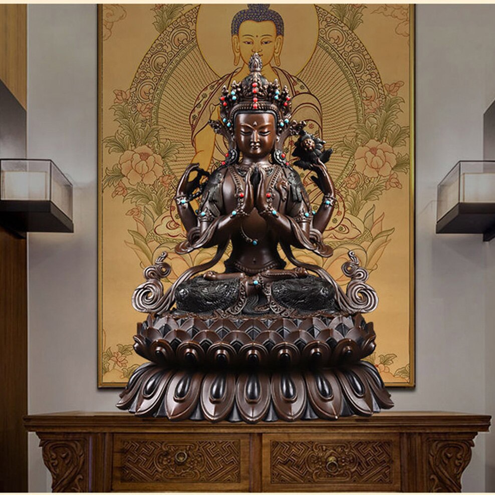Four-Armed Guanyin Buddha Statue Brass Buddha Ornaments Tibetan Tantra Bodhisattva Statue Copper Religion Figurine Decoration acacuss