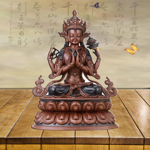 Four-Armed Guanyin Buddha Statue Brass Buddha Ornaments Tibetan Tantra Bodhisattva Statue Copper Religion Figurine Decoration acacuss