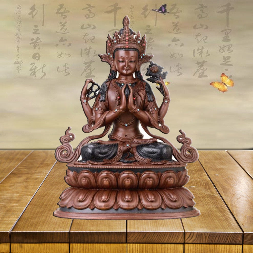 Four-Armed Guanyin Buddha Statue Brass Buddha Ornaments Tibetan Tantra Bodhisattva Statue Copper Religion Figurine Decoration acacuss