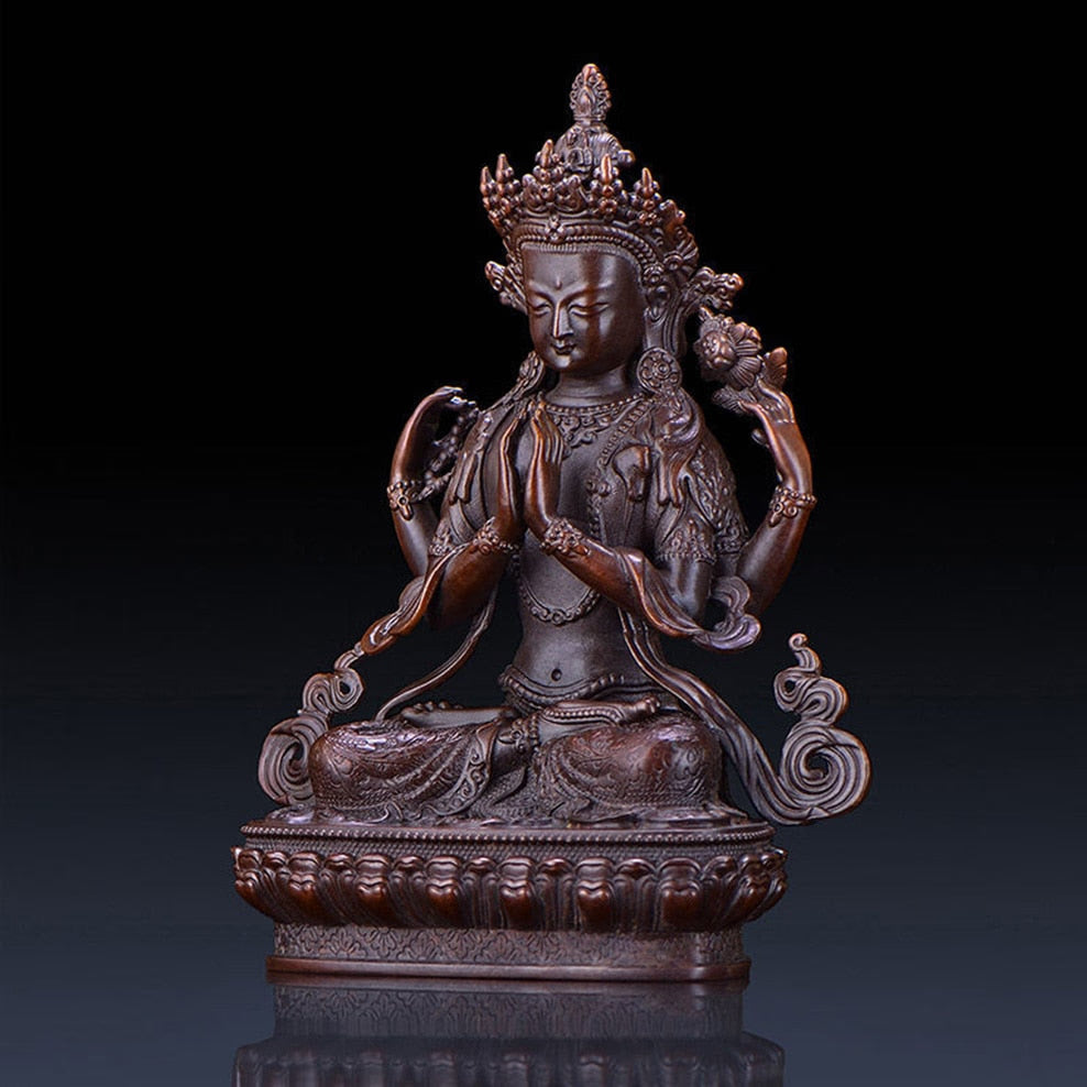 Four-Armed Guanyin Buddha Statue Brass Buddha Ornaments Tibetan Tantra Bodhisattva Statue Copper Religion Figurine Decoration acacuss