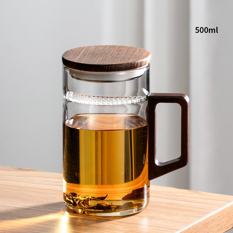 GIANXI Tea Cup With Crescent Moon Filter Japanese Wooden Handle Heat-resistant Glass Cups Tea Leaf Separation Tea Cup Set acacuss