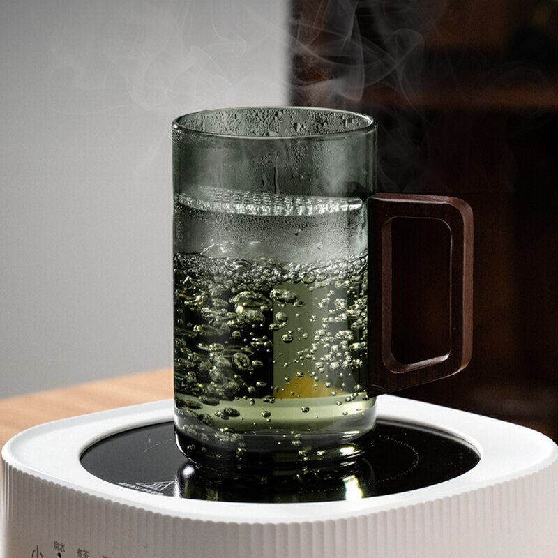 GIANXI Tea Cup With Crescent Moon Filter Japanese Wooden Handle Heat-resistant Glass Cups Tea Leaf Separation Tea Cup Set acacuss