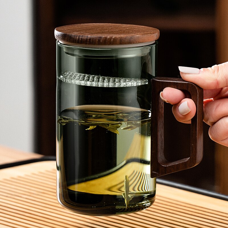 GIANXI Tea Cup With Crescent Moon Filter Japanese Wooden Handle Heat-resistant Glass Cups Tea Leaf Separation Tea Cup Set acacuss