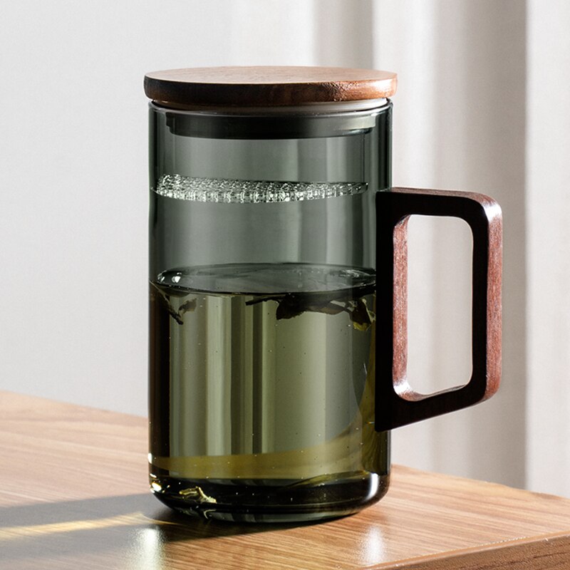 GIANXI Tea Cup With Crescent Moon Filter Japanese Wooden Handle Heat-resistant Glass Cups Tea Leaf Separation Tea Cup Set acacuss