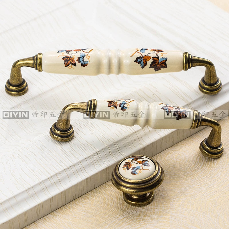 Garden Ceramic Furniture Kitchen Cabinet Drawer Handle, Flower Green Leaf Pattern Wardrobe Locker, Bedside Table Knob acacuss