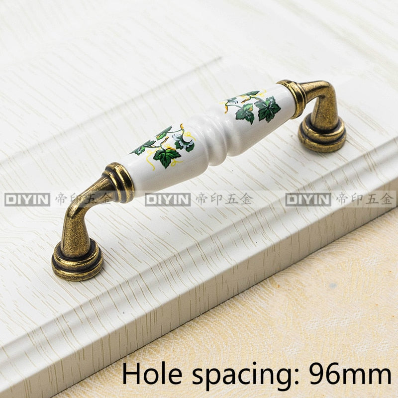 Garden Ceramic Furniture Kitchen Cabinet Drawer Handle, Flower Green Leaf Pattern Wardrobe Locker, Bedside Table Knob acacuss