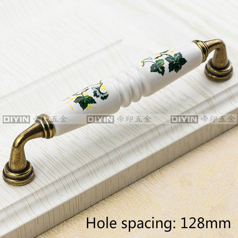 Garden Ceramic Furniture Kitchen Cabinet Drawer Handle, Flower Green Leaf Pattern Wardrobe Locker, Bedside Table Knob acacuss