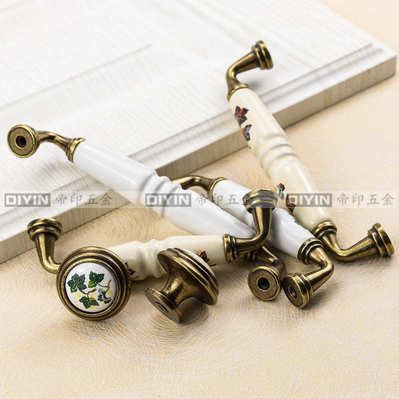 Garden Ceramic Furniture Kitchen Cabinet Drawer Handle, Flower Green Leaf Pattern Wardrobe Locker, Bedside Table Knob acacuss
