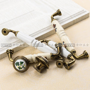 Garden Ceramic Furniture Kitchen Cabinet Drawer Handle, Flower Green Leaf Pattern Wardrobe Locker, Bedside Table Knob acacuss