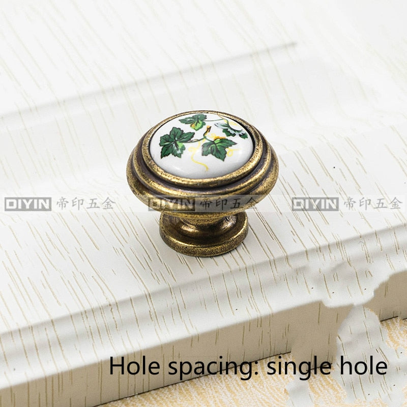 Garden Ceramic Furniture Kitchen Cabinet Drawer Handle, Flower Green Leaf Pattern Wardrobe Locker, Bedside Table Knob acacuss