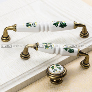 Garden Ceramic Furniture Kitchen Cabinet Drawer Handle, Flower Green Leaf Pattern Wardrobe Locker, Bedside Table Knob acacuss
