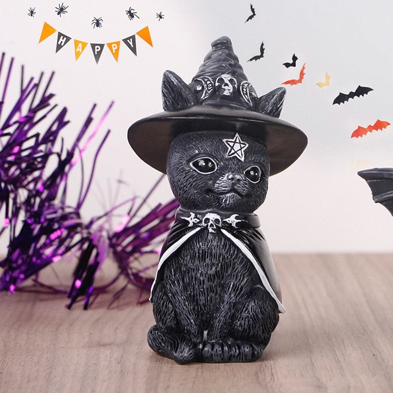 Garden Witch Cat Sculpture Gothic Kitten Decoration Halloween Magic Cat Statue Resin Craft Ornament Home Outdoor Courtyard Decor acacuss