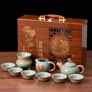 Ge Kiln Tea Set Gift Box Teaware Creative Ceramic Relief Dragon Kettle Festival Wooden Box Set of Business Gifts Kung Fu Tea Set acacuss