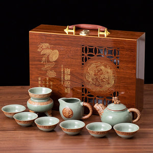 Ge Kiln Tea Set Gift Box Teaware Creative Ceramic Relief Dragon Kettle Festival Wooden Box Set of Business Gifts Kung Fu Tea Set acacuss