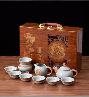Ge Kiln Tea Set Gift Box Teaware Creative Ceramic Relief Dragon Kettle Festival Wooden Box Set of Business Gifts Kung Fu Tea Set acacuss