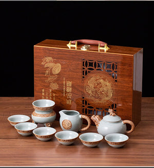 Ge Kiln Tea Set Gift Box Teaware Creative Ceramic Relief Dragon Kettle Festival Wooden Box Set of Business Gifts Kung Fu Tea Set acacuss