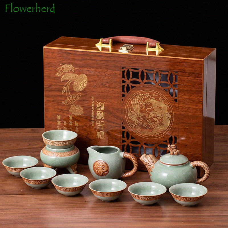 Ge Kiln Tea Set Gift Box Teaware Creative Ceramic Relief Dragon Kettle Festival Wooden Box Set of Business Gifts Kung Fu Tea Set acacuss