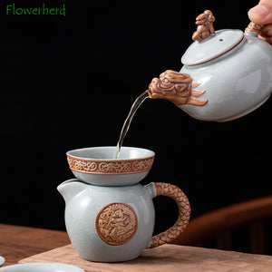 Ge Kiln Tea Set Gift Box Teaware Creative Ceramic Relief Dragon Kettle Festival Wooden Box Set of Business Gifts Kung Fu Tea Set acacuss