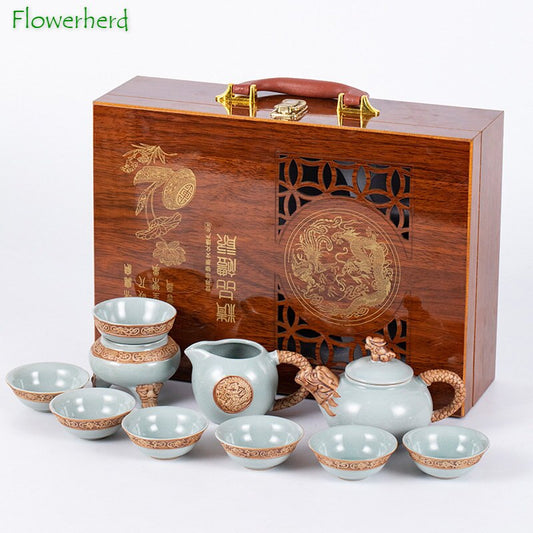 Ge Kiln Tea Set Gift Box Teaware Creative Ceramic Relief Dragon Kettle Festival Wooden Box Set of Business Gifts Kung Fu Tea Set acacuss