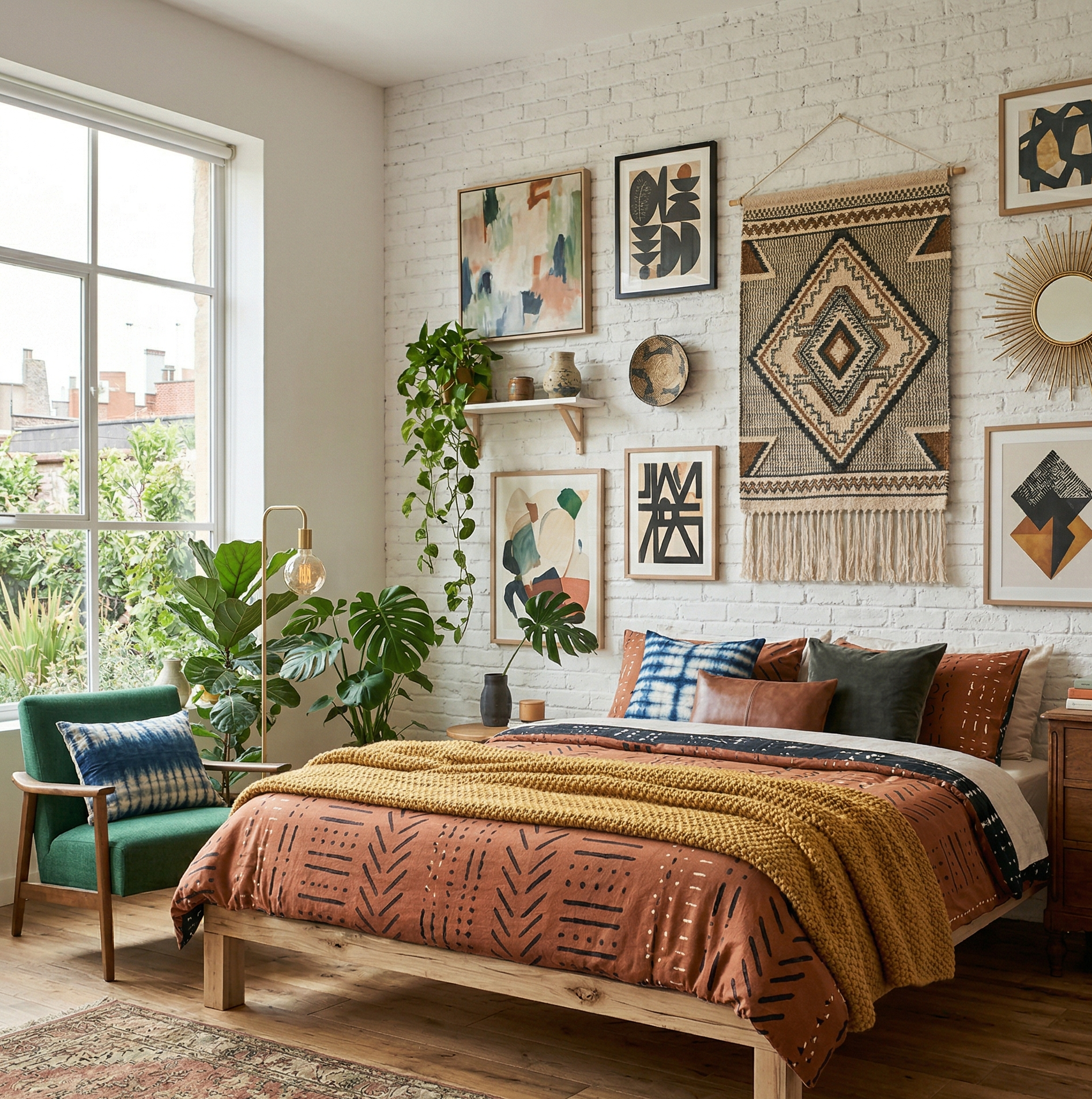 Cozy bedroom with a bed, wall art, and plants