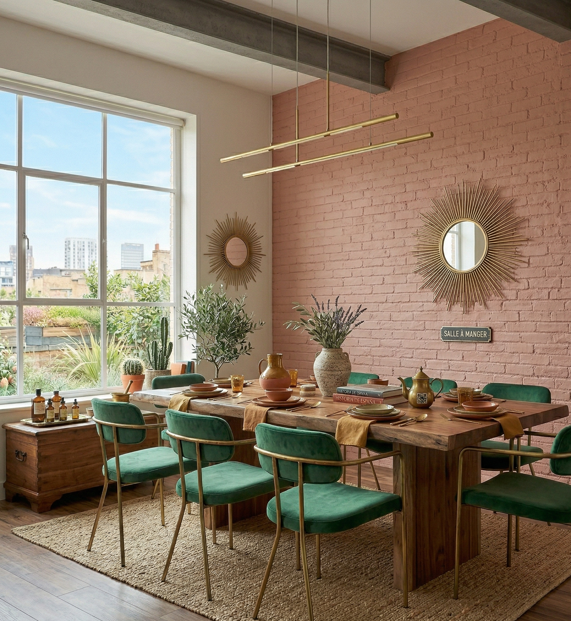 Dining room with wooden table, green chairs, and brick wall.