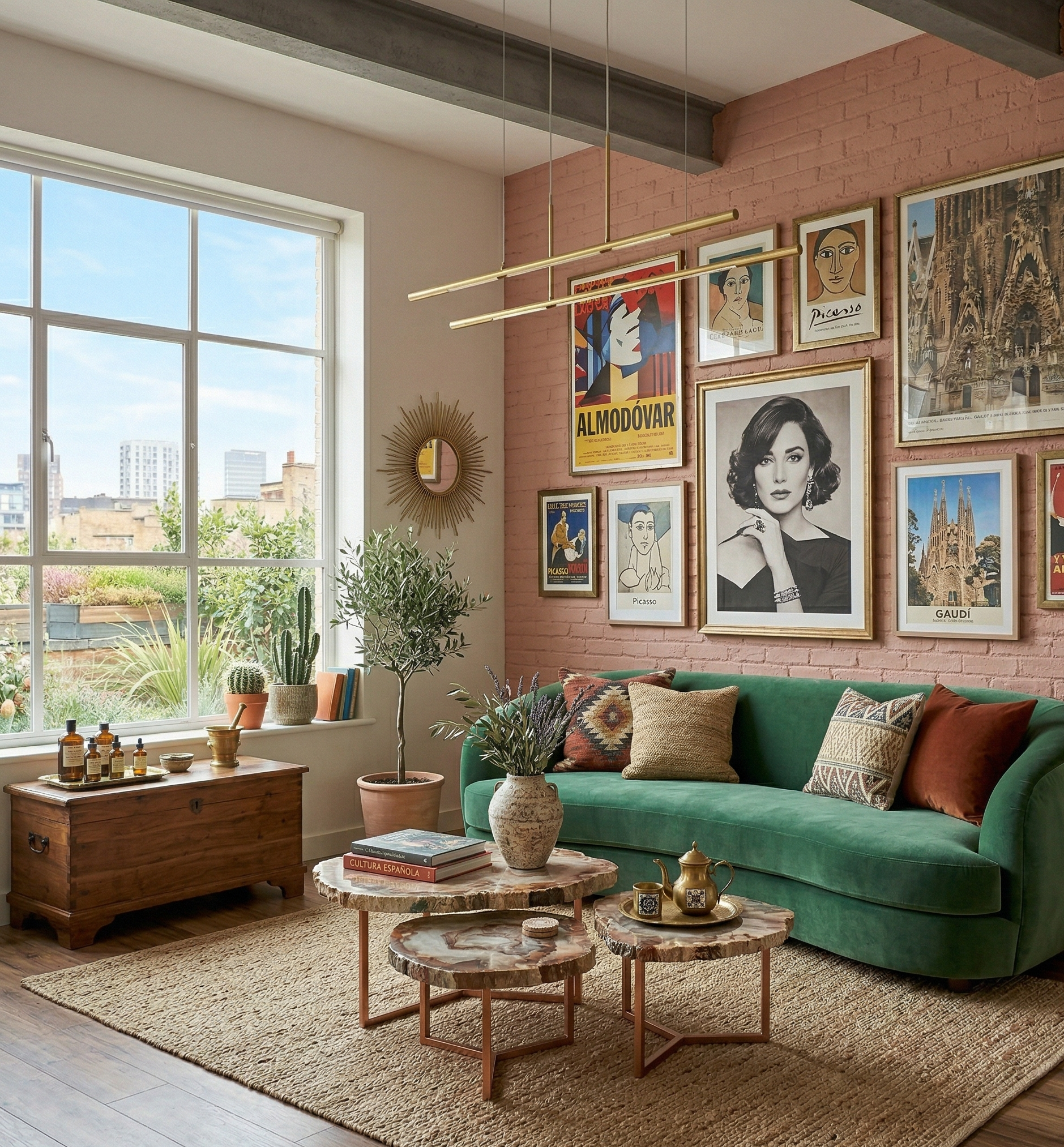 Living room with a green sofa, wooden coffee tables, and framed artwork on a brick wall.