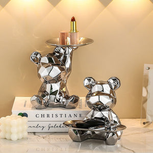 Geometric shape ceramic electroplating statue bear with piggy bank tray, candy, cosmetic storage box, display shelf decoration. acacuss