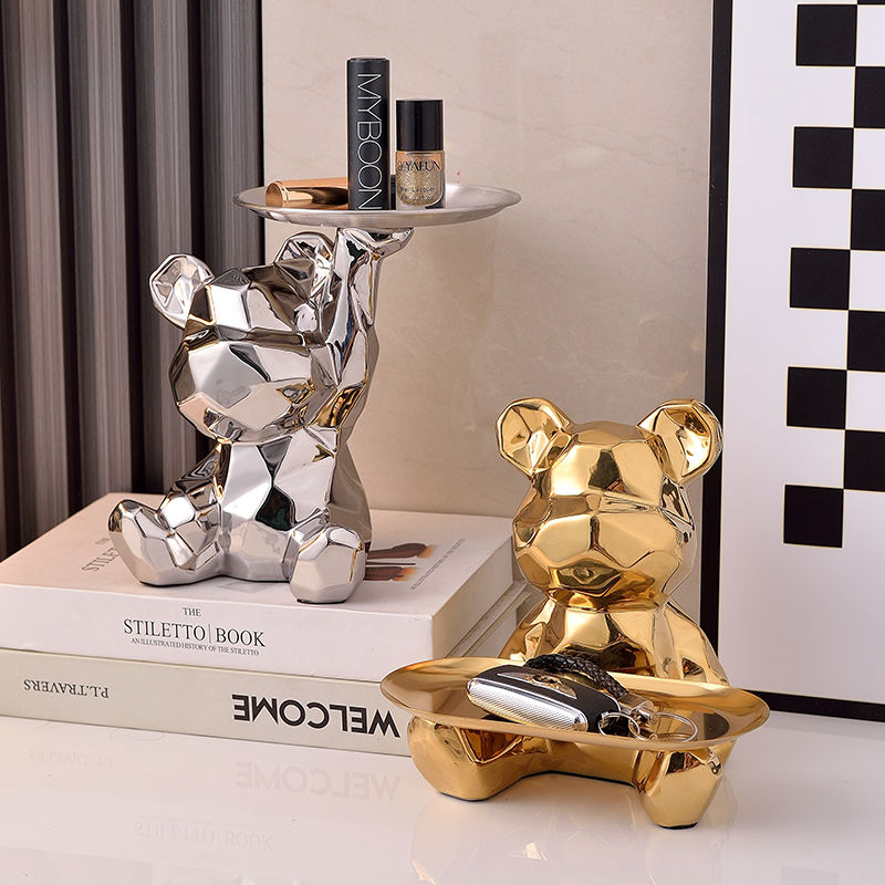 Geometric shape ceramic electroplating statue bear with piggy bank tray, candy, cosmetic storage box, display shelf decoration. acacuss