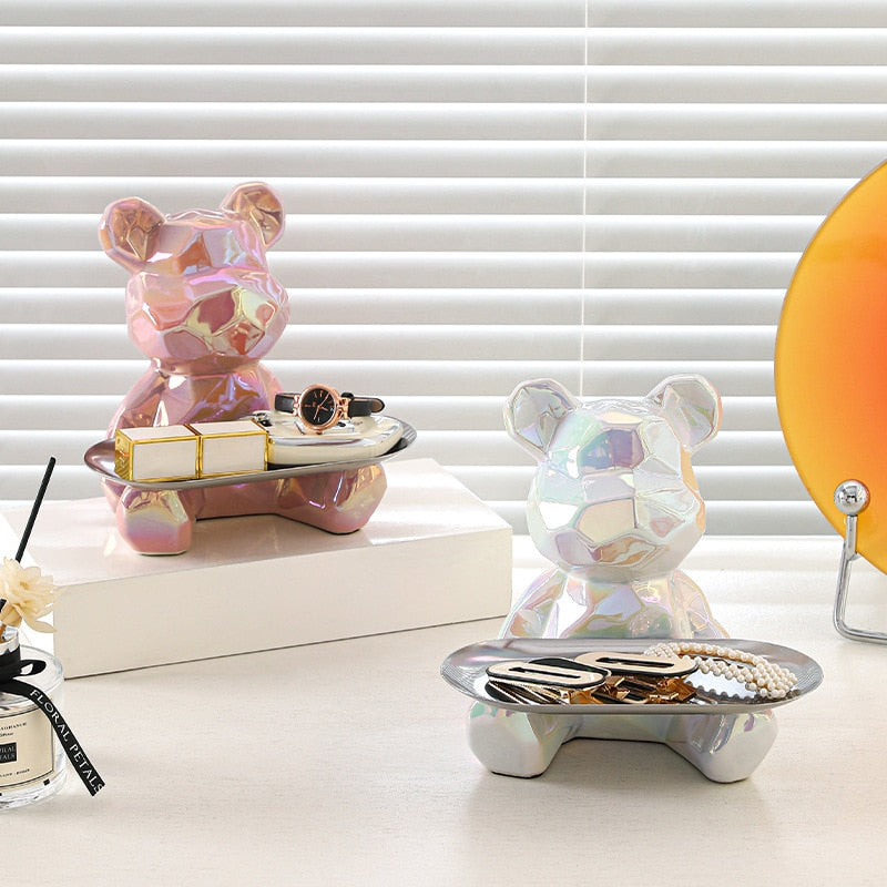 Geometric shape ceramic electroplating statue bear with piggy bank tray, candy, cosmetic storage box, display shelf decoration. acacuss