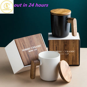 Gift Package Wooden Handle with Cover coffee cup Lovers coffee Mugs Ceramic coffee Mug cup set wooden coffee cup acacuss