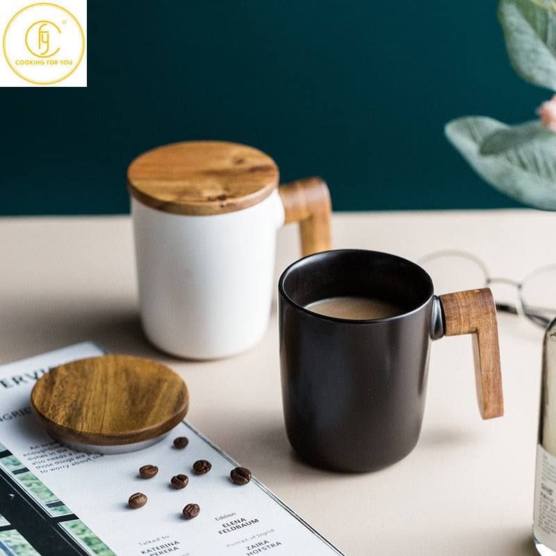 Gift Package Wooden Handle with Cover coffee cup Lovers coffee Mugs Ceramic coffee Mug cup set wooden coffee cup acacuss