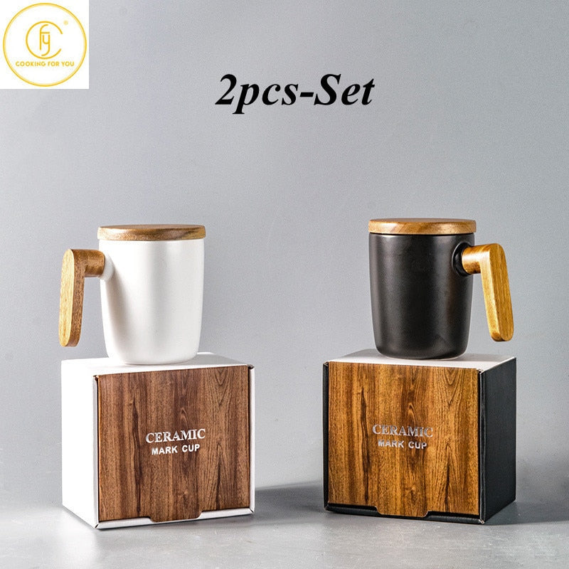 Gift Package Wooden Handle with Cover coffee cup Lovers coffee Mugs Ceramic coffee Mug cup set wooden coffee cup acacuss