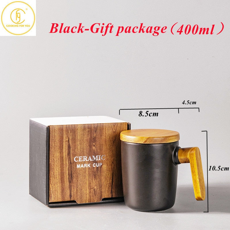 Gift Package Wooden Handle with Cover coffee cup Lovers coffee Mugs Ceramic coffee Mug cup set wooden coffee cup acacuss