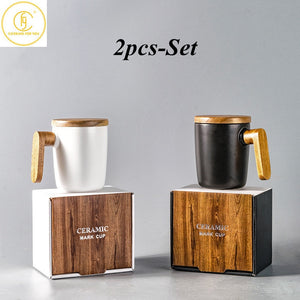 Gift Package Wooden Handle with Cover coffee cup Lovers coffee Mugs Ceramic coffee Mug cup set wooden coffee cup acacuss
