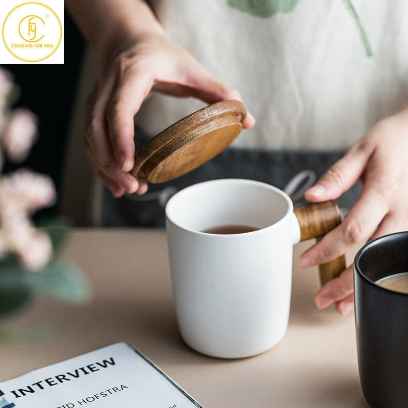 Gift Package Wooden Handle with Cover coffee cup Lovers coffee Mugs Ceramic coffee Mug cup set wooden coffee cup acacuss