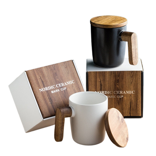 Gift Package Wooden Handle with Cover coffee cup Lovers coffee Mugs Ceramic coffee Mug cup set wooden coffee cup acacuss